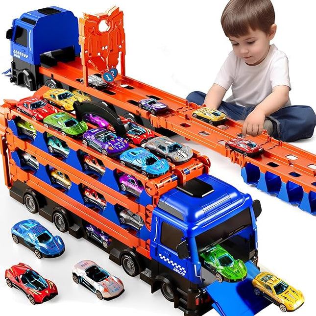 Toy Truck for 3 4 5 6 Years Old Kids Boys, 78-Inch Race Track Transport Vehicle and 12 Die-Cast Metal Toy Cars, Carrier Truck Toddler Truck Car Toys Set Gifts for Age 3-12 Years Old Kids Boys