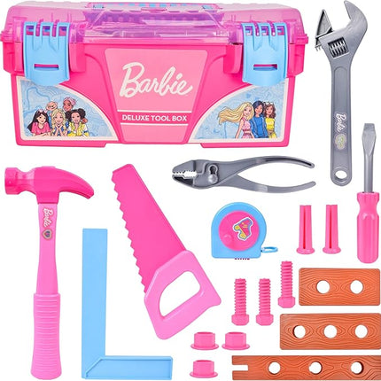 Barbie Tool Box Playset – 18 Piece Deluxe Tool Set, Pretend Play Construction Tools with Tape Measure, Girls Pink Tool Box with Handle, Perfect Preschool Role Play Toy for Kids