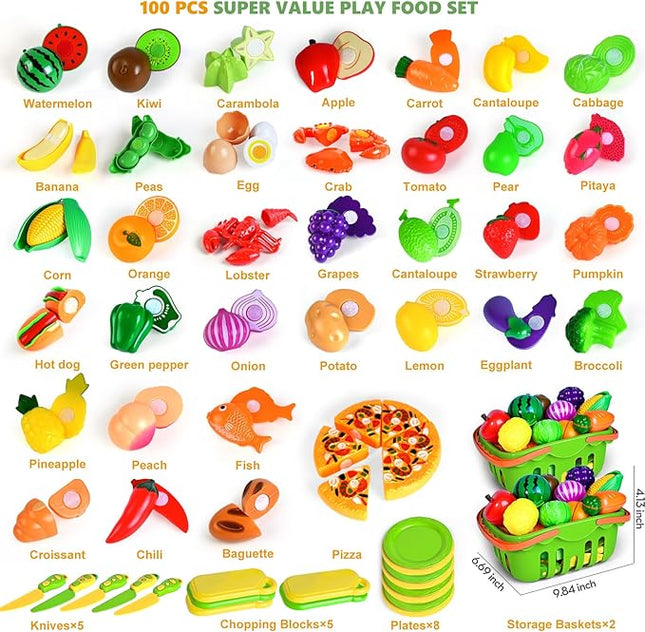 100 PCS Cutting Play Food Toy for Kids Kitchen, Pretend Food Kitchen Toys Accessories with 2 Baskets, Fake Food/Fruit/Vegetable, Christmas Birthday Gifts for 2 3 4 5 Years Old Toddlers Boys Girls