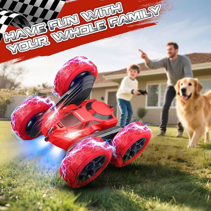 Remote Control Car for Boys - Car Toy for Kids Age 6 7 8 9, 4WD 2.4Ghz Double Sided 360° Rotating RC Cars with Headlights, Christmas Birthday for Boys and Girls - Red