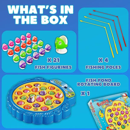 Haktoys Fishing Game Play Set Includes 21 Fish and 4 Fishing Poles on Rotating Board with Music On/Off Switch for Quiet Play | Board Game for 1-4 Players