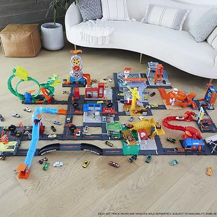 Hot Wheels City Toy Car Track Set Downtown Repair Station Playset with 1:64 Scale Vehicle, Working Lift & Launcher