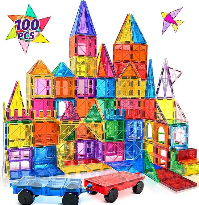 100PCS Magnetic Tiles Blocks for Kids Ages 3-5 4-8 with 2 Cars,STEM Learning Educational Preschool Magnet Building Toys for Toddlers,Christmas Birthday Gifts Toys for 3 4 5 6 7 8+ Year Old Boys Girls
