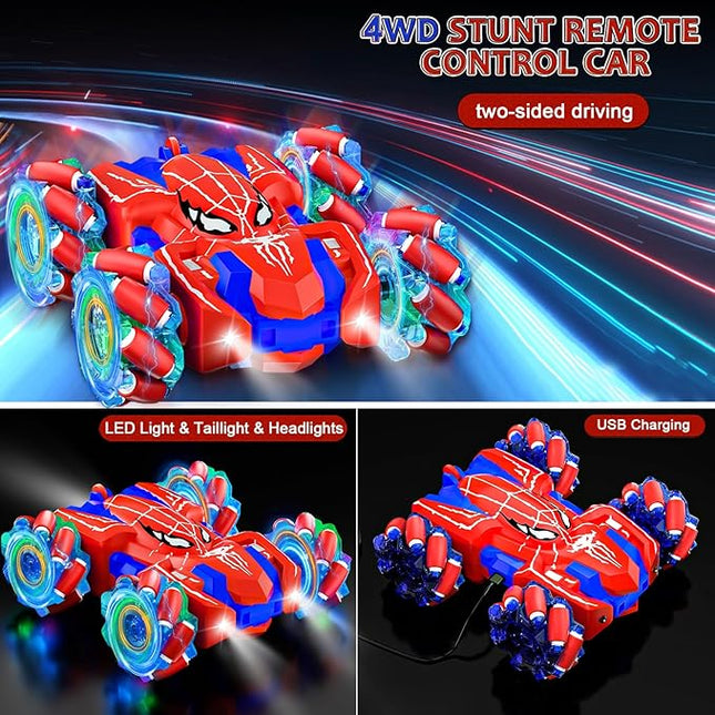 Spider Remote Control Car for Boys, Rechargeable RC Cars Toys with Cool Lights, 2.4Ghz Double Sided Drift RC Stunt Cars, 360°Rotating 4WD Off-Road Race Car for 4-6 6-12 Boy Kids Gifts