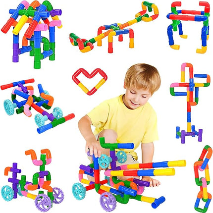 FUBAODA STEM Learning Pipe Tube Toys, Tube Locks Construction Building Blocks 96 Pcs - Multicolor Educational Building Blocks Set with Wheels& Spouts & Joints for Kids Ages 3+