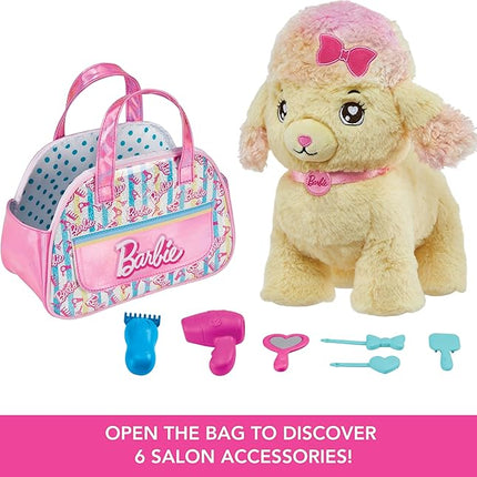 Mattel Barbie Plush Toy Playset, Hairdresser Poodle Stuffed Animal with Lights & Sounds, Plus Themed Purse & 6 Accessories, Salon Pet Adventure