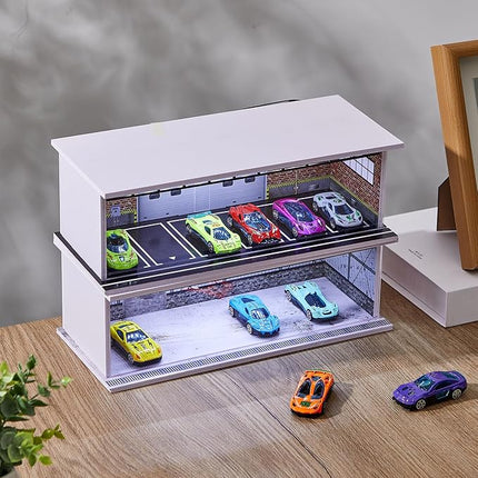 2 Pcs Display Case for Toy Car Garage with LED Light Stackable 1/64 Scale Diecast Toy Cars Garage for Maximum 58 Model Car Display and Storage(Red Bricks)