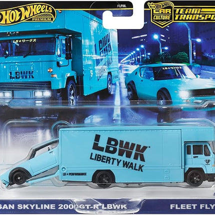 Hot Wheels Premium Car Team Transport Set, LBWK Liberty Walk Nissan Skyline 2000GT-R, Fleet Flyer #69 Truck and Car, 1:64 Scale, Blue Model