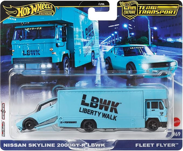 Hot Wheels Premium Car Team Transport Set, LBWK Liberty Walk Nissan Skyline 2000GT-R, Fleet Flyer #69 Truck and Car, 1:64 Scale, Blue Model