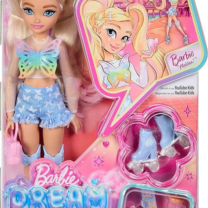 Barbie Dream Besties Doll and Accessories, Barbie "Malibu” Posable Roller Skating Fashion Doll with Blonde Hair, 9 Makeup Themed Pieces