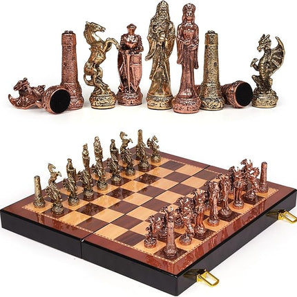 Vintage Figurine Chess Set for Adults and Kids - Wooden Board With Metal Pieces - Travel Chess Set - Collectible Elegant Game - Family Vintage Board Game