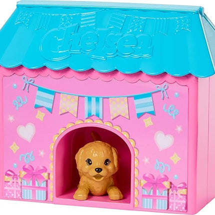 Barbie Family & Friends Club Chelsea Surprise Birthday Party Playset with Chelsea Small Doll (Brunette), Transforming Doghouse & 10+ Accessories
