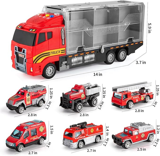 TEMI Toddler Toys for 3 4 5 6 Years Old Boys, Die-cast, Alloy Metal Emergency Fire Rescue Vehicle Transport Car / Truck Toys Set w/Play Mat for Age 3-9 Toddlers Kids Boys & Girls