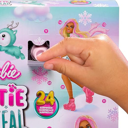 Barbie Cutie Reveal Advent Calendar & Doll, Blue & Pink Hair, 25 Surprises Include Clothes, Accessories & Color-Change Pets, Holiday Toy for Kids