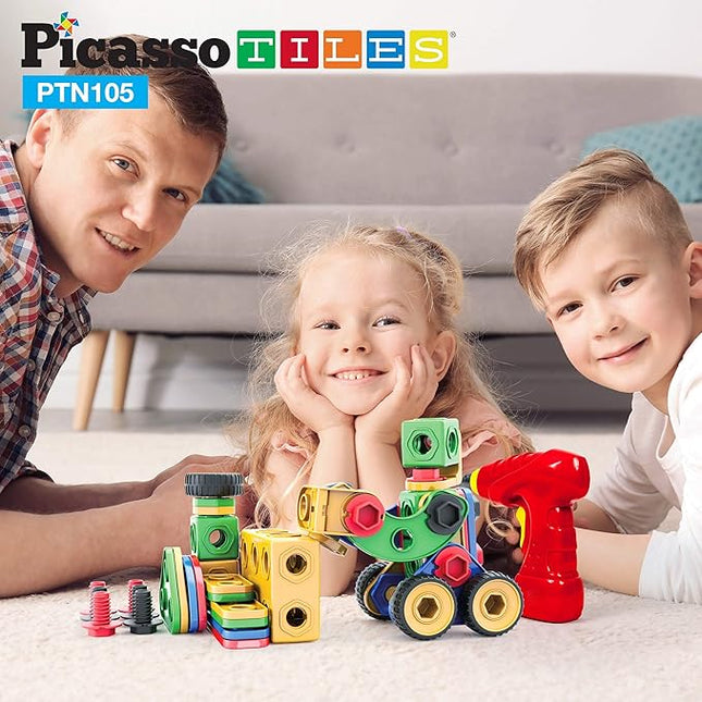 PicassoTiles STEM Learning Toys 105 Piece Building Block Set Kids Construction Engineering Kit Toy Blocks Children Early Education Playset w/IdeaBook, Power Drill, Clickable Ratchet, Age 3+ PTN105