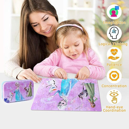 LELEMON Pretty Girl Puzzles for Kids Ages 4-6, Snowman 60 Piece Puzzles for Kids Ages 3-5,Children Jigsaw Puzzles in a Metal Box,Educational Learning Puzzle Toys for Girls and Boys
