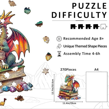 Wooden Puzzles for Adults - Reading Dragon Wood Puzzles Adult - Unique Animal Shape Wooden Jigsaw Puzzles for Adults - Birthday Gifts for Puzzle Lovers, Family (13.3 * 13.3in)
