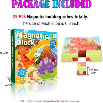 ritastar Magnetic Blocks Building Toy, 25pcs Mine Stacking Magnet Build Cubes Cartoon Pattern World,STEM Sensory Construction Toys for Kids Gift,Educational Jigsaw Puzzle Set with 3D Dinosaur Designs