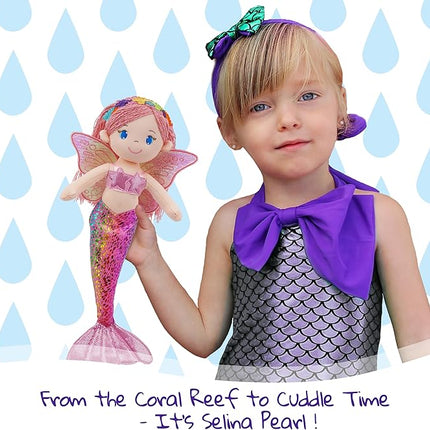 June Garden 16" Selina Pearl Mermaid Fairy Doll – Soft Plush Doll with Shimmery Wings & Sparkly Tail – Huggable Stuffed Toy Gift for Girls Age 18 Months and Up