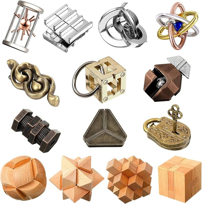 Syhood 14 Pcs Metal Brain Teaser Puzzles Ring Interlock Logic Puzzle Metal Wooden IQ Education Games Lock Challenging Gift for Adults Kid Office Party Table Toys(Educational)