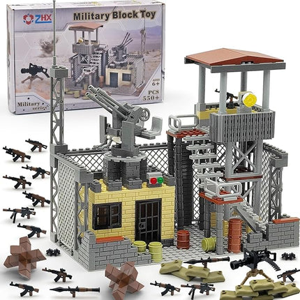 ZHX Military Base Building Block Sets - 550pcs, War Defence Base with Guard Tower, Prison and Air Defence Gun, WW2 Army Military Weapon Pack Accessories Kits Brick Toy for Kids