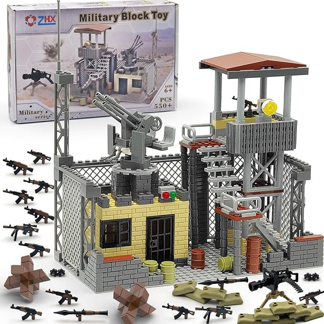 ZHX Military Base Building Block Sets - 550pcs, War Defence Base with Guard Tower, Prison and Air Defence Gun, WW2 Army Military Weapon Pack Accessories Kits Brick Toy for Kids