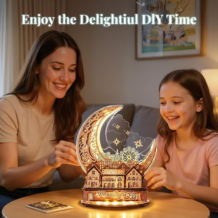 3D DIY Puzzle Moon City Model - LED 3D Wood Puzzle - 3D Wooden Puzzles for Adults Home Décor Gifts for Kids and Adults, Brown