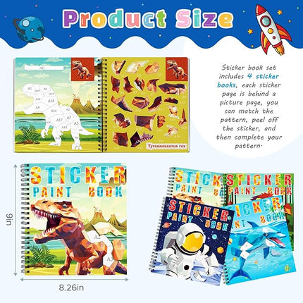 homicozy 4PCS Sticker Paint Books for Kids Ages 4-10,Dinosaur Astronaut Ocean Animals Designs Paint by Stickers,Sticker by Numbers,Party Birthday Gifts for Boys 4-10,Create 40 Pictures at a Time