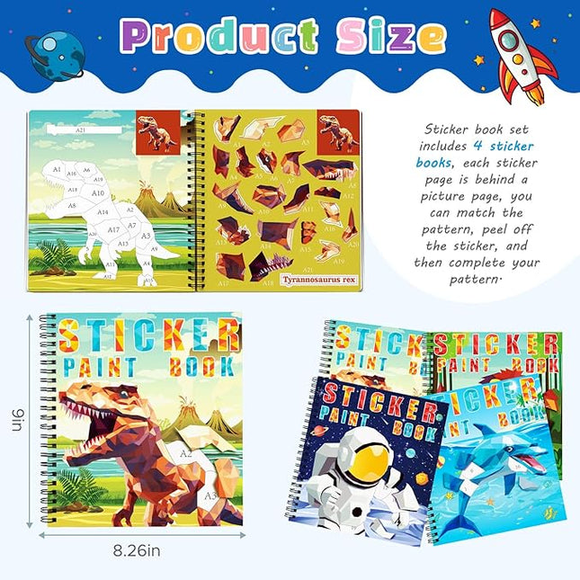 homicozy 4PCS Sticker Paint Books for Kids Ages 4-10,Dinosaur Astronaut Ocean Animals Designs Paint by Stickers,Sticker by Numbers,Party Birthday Gifts for Boys 4-10,Create 40 Pictures at a Time