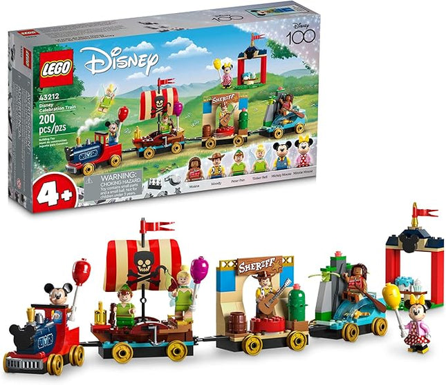 LEGO Disney 100 Celebration Train Building Toy 43212 Imaginative Play, Fun Birthday Gift for Preschool Kids Ages 4+, 6 Disney Minifigures: Moana, Woody, Peter Pan, Tinker Bell, Mickey & Minnie Mouse