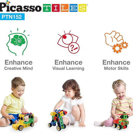 PicassoTiles 152pc STEM Construction Toy Building Set for Kids Ages 3+ Includes Power Drill, Ratchet, Idea Book, Storage Box Educational Engineering Science Kit & Sensory Toys for Boys & Girls PTN152