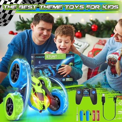 cosone Remote Control Car Toys for Boys - 4WD 2.4Ghz Double Sided 360° Rotating All Terrain RC Cars with Cool Lights, Kids Birthday for Boys-Blue&Green