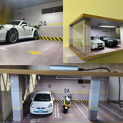 1:24 Scale Die-Cast Car Garage Display Case with Transparent Acrylic Cover and LED Lighting for 3 Parking Spaces (2A)