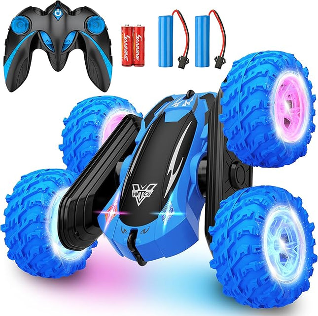KKONES Remote Control Car, 2.4GHz Double Sided 360° Flips Rotating Electric Race RC Stunt Car, LED Wheel & Headlight High Speed Off Road Cars Toy Gift for 3 4 5 6 7 8-12 Year Old Boy Toys (Blue)