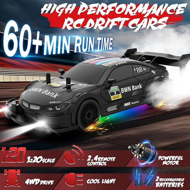 RC Drift Car 1:20 Scale Remote Control Cars 2.4GHz 4WD High Speed RTR Racing Vehicle with LED Lights 2 Rechargeable Batteries and Drifting Tires Racing Sport Toy Car for Adults Kids Boys Girls