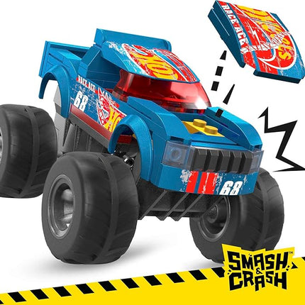MEGA Hot Wheels Monster Trucks Toy Car Building Set, Smash & Crash Race Ace with 85 Pieces, 1 Micro Action Figure Driver, Blue, Kids Age 5+ Years