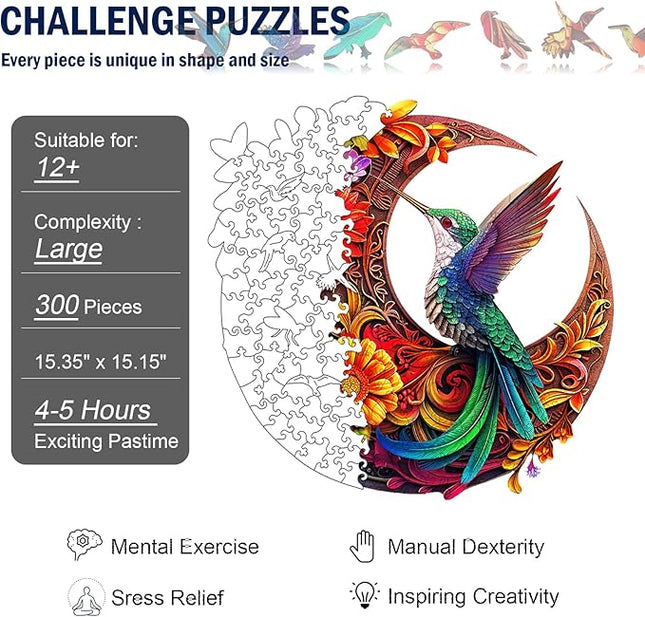 Unique Wooden Puzzles for Adults, Hummingbird Puzzle 300 Pieces 15.35" x 15.15", Animal Shaped Wood Puzzles Adult Brain Teasers, Wooden Jigsaw Puzzles, Family Games for Kids and Adults