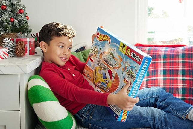 Hot Wheels Toy Cars, 2024 Advent Calendar, 8 1:64 Scale Cars, 16 Winter-Themed Accessories Behind 24 Numbered Doors & a Playmat