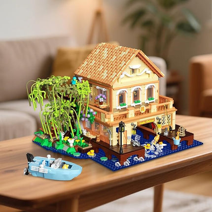 Girls Friends Vacation Lake House Buiding Set with Boat, 2190 PCS Tree House Wooden Cabin Mini Building Block Set, Educational Toy Construction Kit, Birthday Gifts for Adults,Kid,Boy,Girl Age 14+