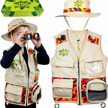 Safari Kidz Outdoor Explorer Kit - Orange Camouflage Cargo Vest and Hat Set, Backyard Nature Adventures, Washable Costume, Age 3+
