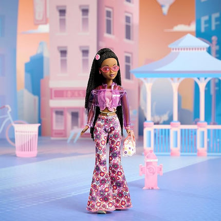 Barbie Signature My Scene Jai Doll and Accessories, Black Braids, Y2K-Inspired Outfit with Pink Top, Vinyl Jacket, Floral Flare Pants and Doll Stand