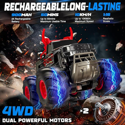 Remote Control Monster Truck Toys, 1:16 Amphibious Waterproof RC Car, 2.4GHz 4WD All Terrain Toys with 2 Rechargeable Batteries, Off-Road Truck Gifts for 6 7 8 9 10 11 12 Year Old Boys