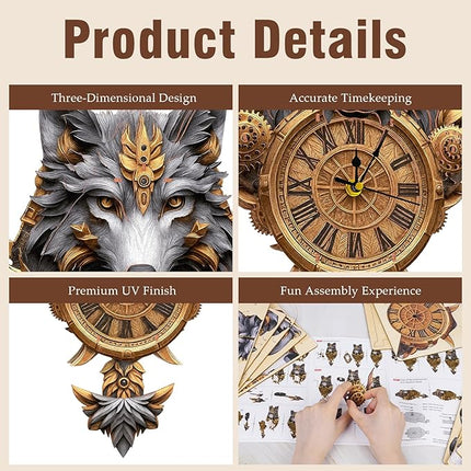 3D Puzzles for Adults Clock-Gray Wolf Design Model Kit-Mechanical DIY Pendulum Clock with Roman Numerals-Desk Home Office Decor Personalized Gift for DIY Lovers