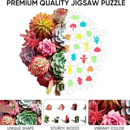 Wooden Puzzles for Adults, Colorful Succulent Puzzle for Mom, Challenging Puzzle, 200 Piece Luxurious Shaped Wooden Puzzles for Family Game 11.3 * 10.5in