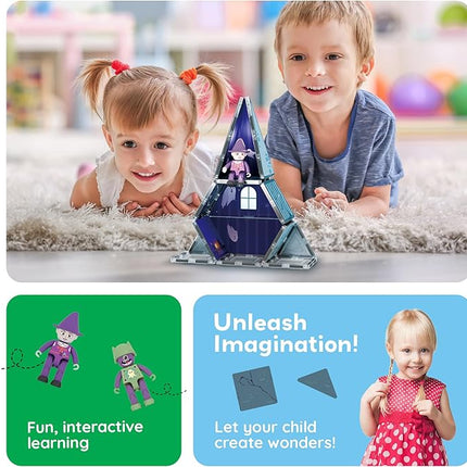 PicassoTiles Haunted House Theme Magnet Tile Building Blocks 8 Action Figures Magnetic Construction Toy Double Sided Printing Education STEM Learning Playset Halloween Adventure Kid Ages 3+ PTQ03