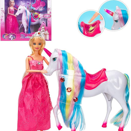 White Unicorn with Magic Light Horn and Fairy Tale Princess Doll 11.5“, W/Comb and Crystal Crown, Girls' Unicorn Doll Toys Gifts, Presents for Girl Kids Aged 3+