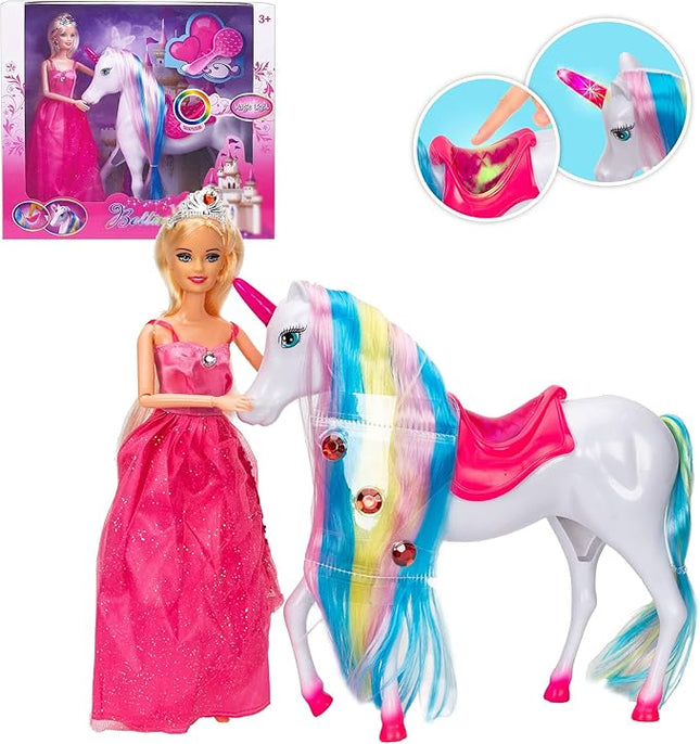 White Unicorn with Magic Light Horn and Fairy Tale Princess Doll 11.5“, W/Comb and Crystal Crown, Girls' Unicorn Doll Toys Gifts, Presents for Girl Kids Aged 3+