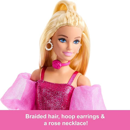 Barbie Deluxe Style Doll #5 in Metallic Pink Outfit, Blonde Hair, Sparkly Corset Top and Shiny Pants with Accessories Like Rose Necklace and Handbag