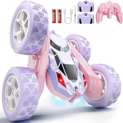 360° Flip RC Car for Girls, Upgraded Dual-Sided Stunt Car with Headlights, 2.4GHz 4WD Remote Control, USB-C Rechargeable Toy Gift for Kids Ages 6+ (Pink-Purple)