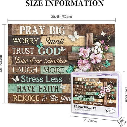 Christian Jigsaw Puzzles 500 Pieces for Adults, Elegant Cross with Pray Big Worry Small Trust God Quote, Religious Wooden Puzzle, Faith-Based Home Decor & Uplifting Gift